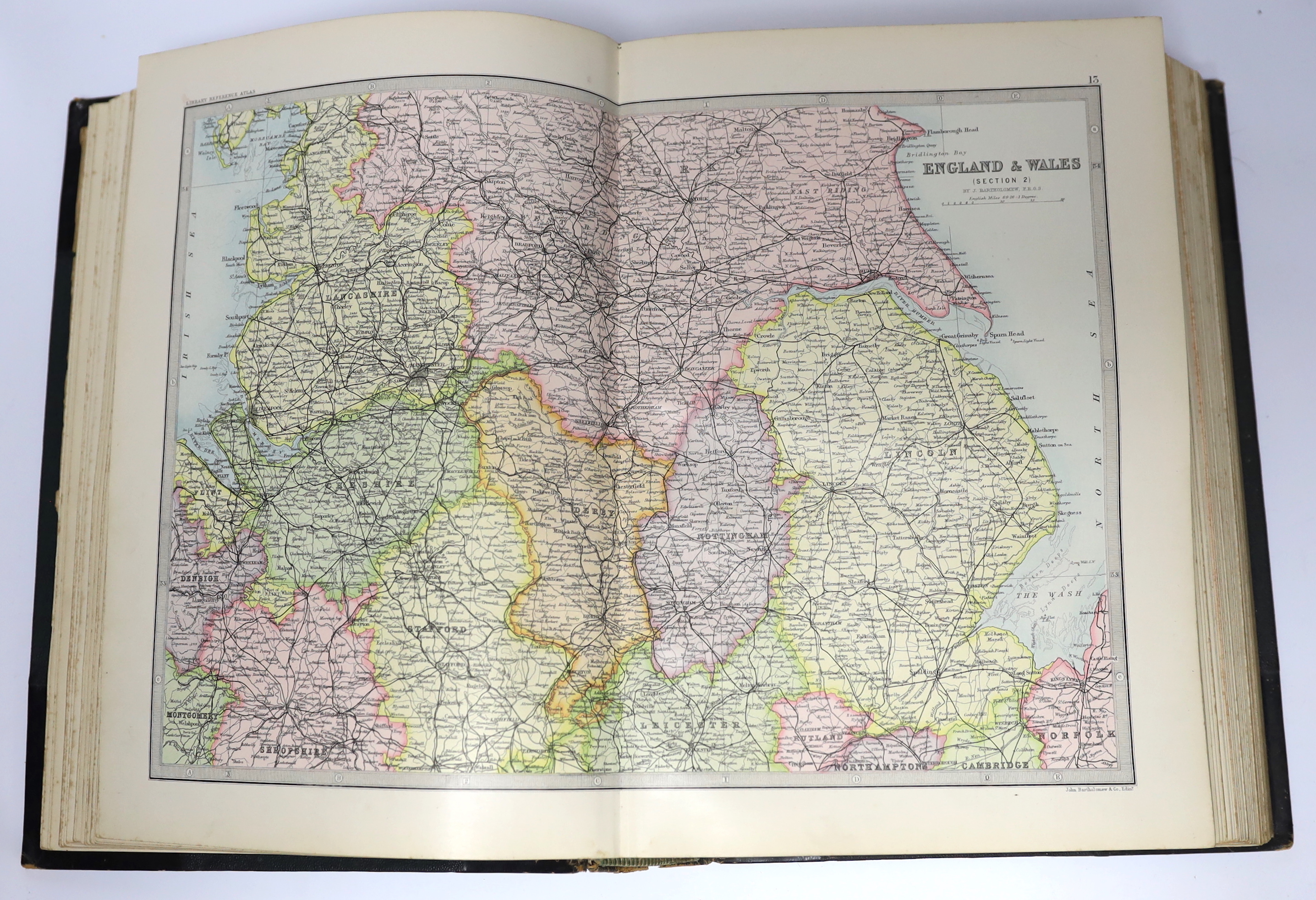 Bartholomew, John - The Library Reference Atlas of the World. 84 d-page coloured maps; contemp. half morocco and cloth, panelled spine, ge. and marbled edges, folio. (1890)